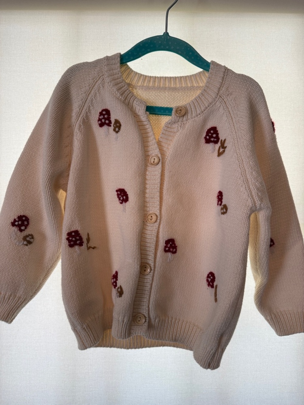 Girls Cream Knit Cardigan with Red Floral Embroidery